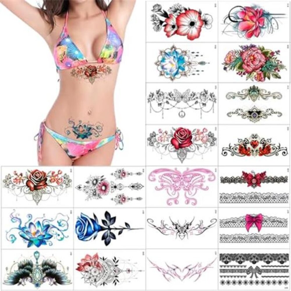 Women's Sexy Flowers Temporary Tattoos Fake Waterproof Tattoo, 20 Sheets